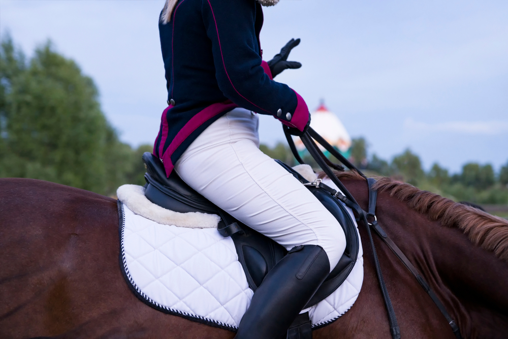 Girl jockey in dress uniform sitting on a horse