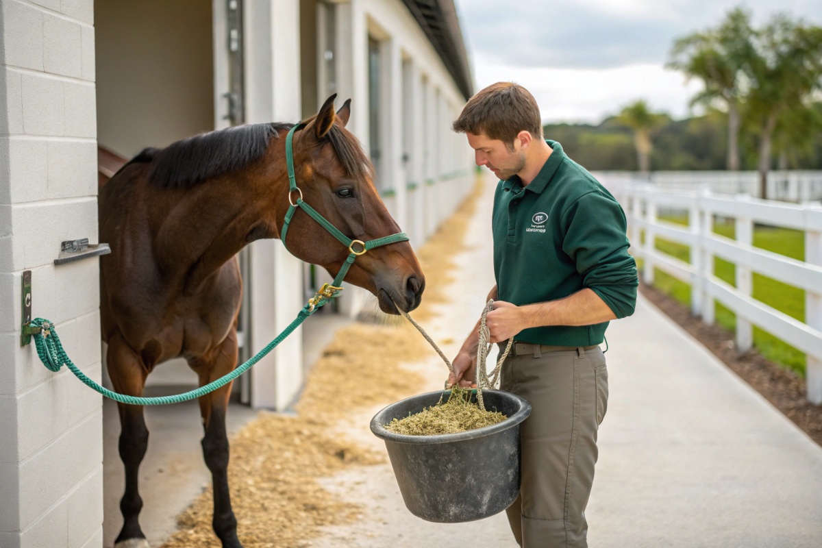 Man Feeding A Horse In A Stable