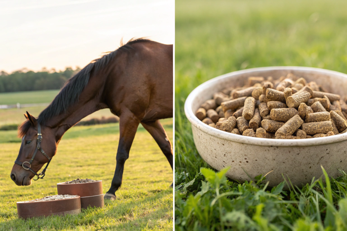 Split Image Of A Horse On The Left And Alfalfa Pellets On The Right