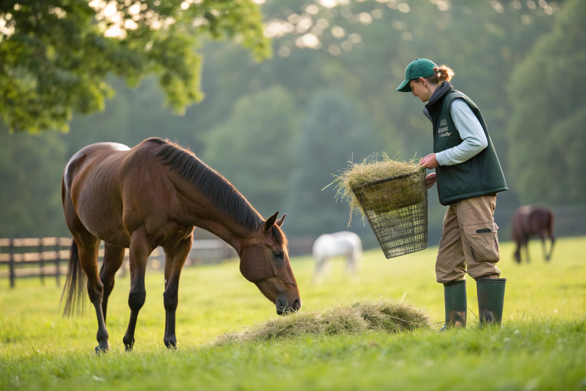 Woman Feeding A Horse Hey Outside In The Pasture